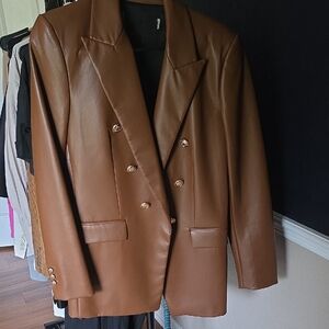 Brown Double-Breasted Women's Blazer Faux Leather